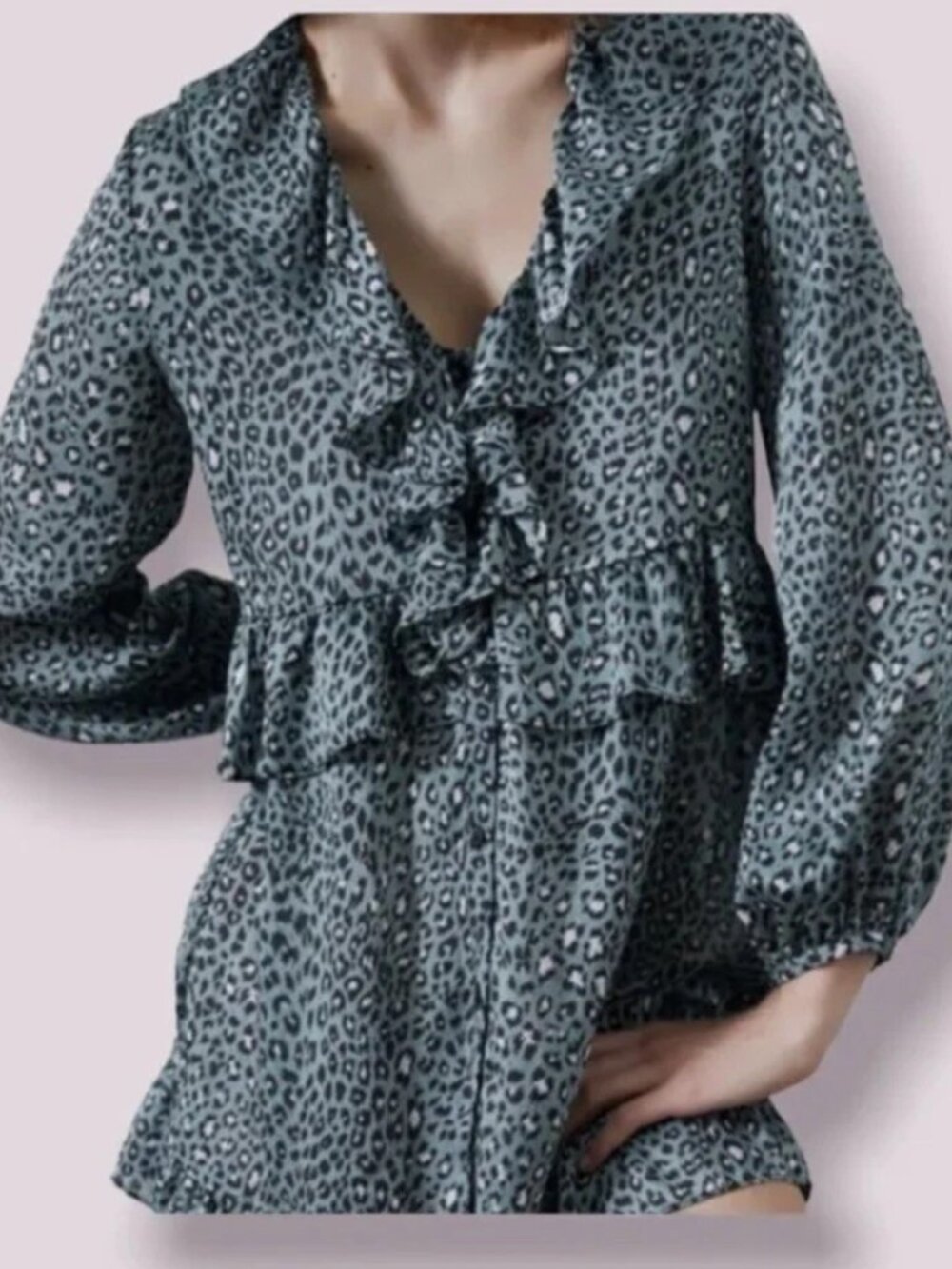 Zara Teal Black Leopard Print Ruffle Button Down Tunic Dress Size S